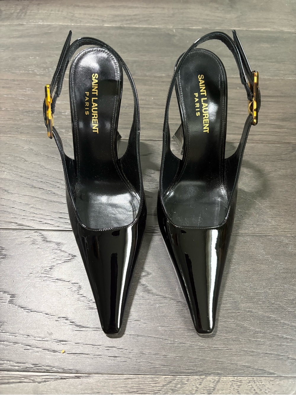 Saint Laurent Black Patent Slingback Pumps with Tortise Buckle